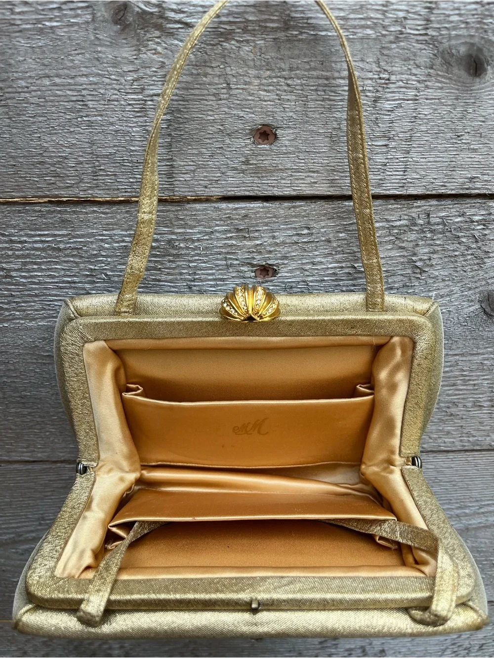 VTG 1950s MM Morris Moskowitz Gold Metallic Evening Handbag Rhinestone Fan Clasp
